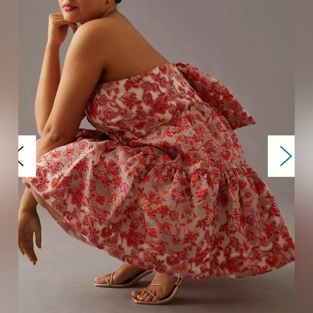 Anthropologie Strapless Mini Dress. Back bow, stretchy back. Orange, pink. L - Picture 6 of 16